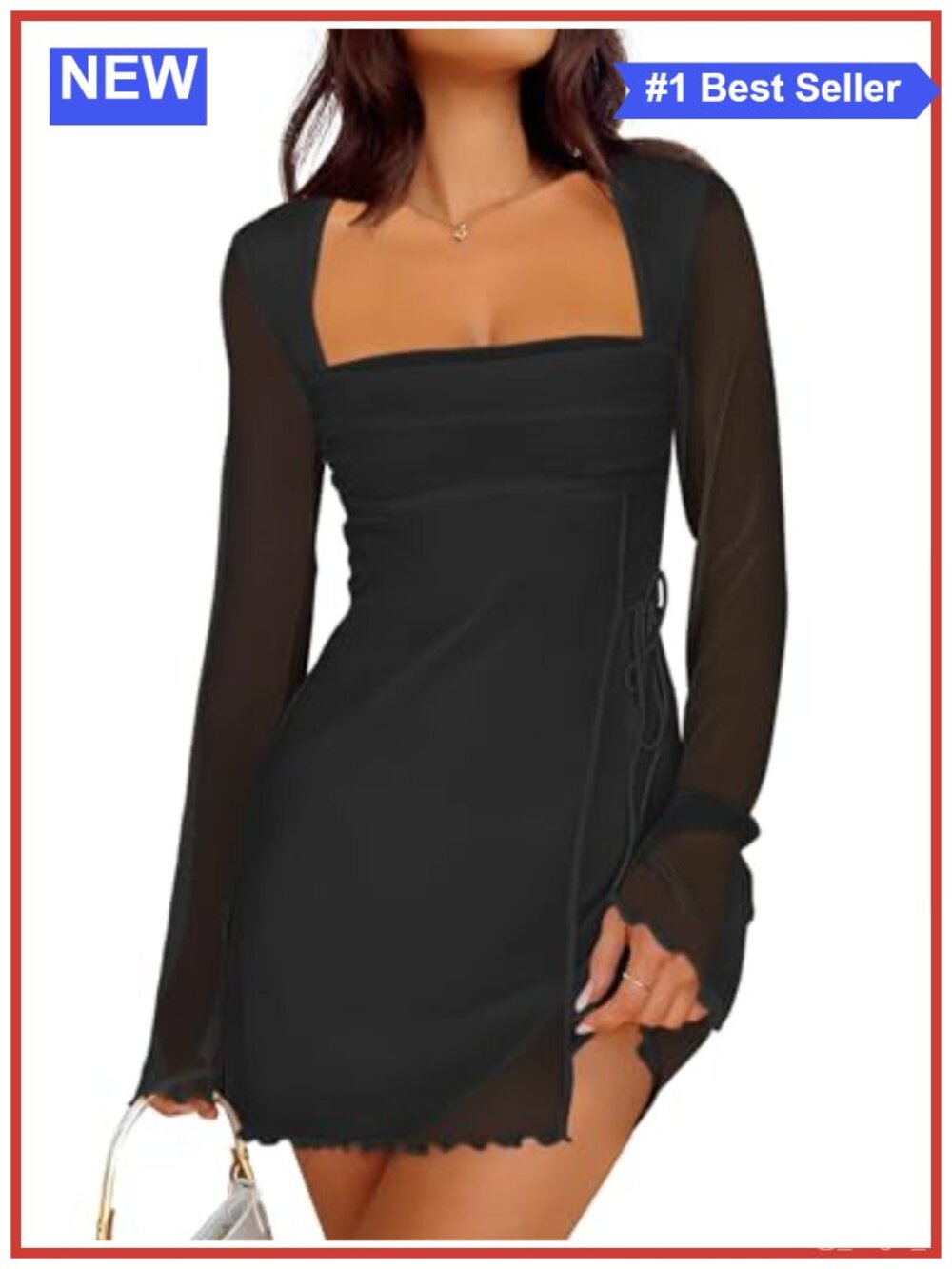 Mesh Long Sleeve Mini Dress Square Neck Ruched Bodycon Club Party